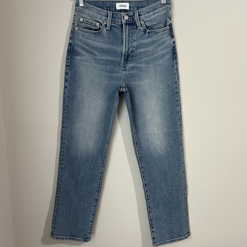 Pistola Cropped High Rise Slim Straight Leg Jeans Women's 26 Medium Wash Denim